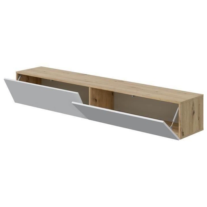Meuble TV suspendu - L 180X P 28X H 35 cm KAWAY - Décor blanc et chene - 2 Portes abattantes Meuble TV suspendu - L 180X P 28X H 35 cm KAWAY - Décor blanc et chene - 2 Portes abattantes