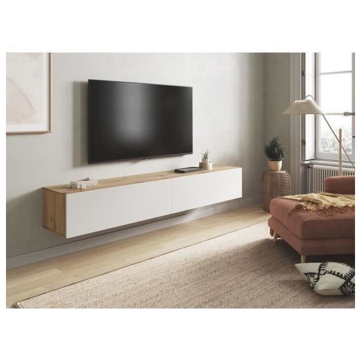 Meuble TV suspendu - L 180X P 28X H 35 cm KAWAY - Décor blanc et chene - 2 Portes abattantes Meuble TV suspendu - L 180X P 28X H 35 cm KAWAY - Décor blanc et chene - 2 Portes abattantes