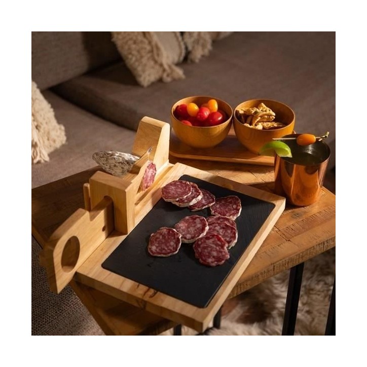 Guillotine a saucisson - LIVOO - MEC127 - En hévéa et plateau en ardoise - Lame acier inoxydable - Sécurité