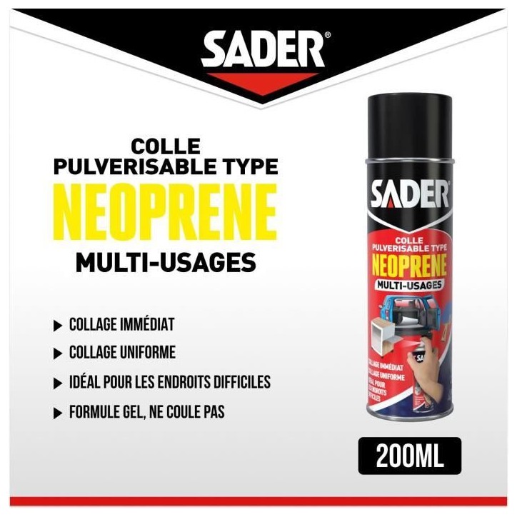 Colle aérosol néoprene multi-usages - SADER - Extra forte - Tous matériaux - Prise immédiate - Bombe 200 ml Colle aérosol néoprene multi-usages - SADER - Extra forte - Tous matériaux - Prise immédiate - Bombe 200 ml