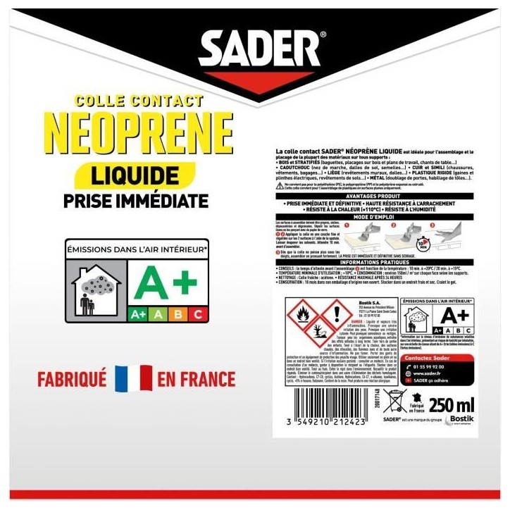 Colle contact néoprene liquide extra forte - SADER - Tous matériaux - Prise immédiate - Boîte 250 ml