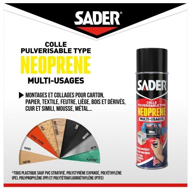 Colle aérosol néoprene multi-usages - SADER - Extra forte - Tous matériaux - Prise immédiate - Bombe 500 ml