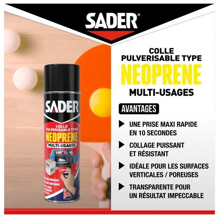 Colle aérosol néoprene multi-usages - SADER - Extra forte - Tous matériaux - Prise immédiate - Bombe 500 ml