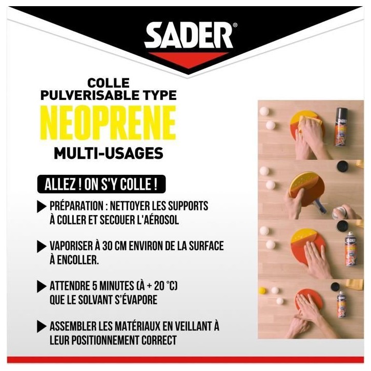 Colle aérosol néoprene multi-usages - SADER - Extra forte - Tous matériaux - Prise immédiate - Bombe 500 ml