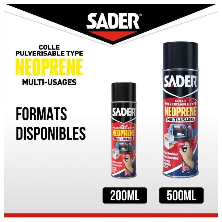 Colle aérosol néoprene multi-usages - SADER - Extra forte - Tous matériaux - Prise immédiate - Bombe 500 ml