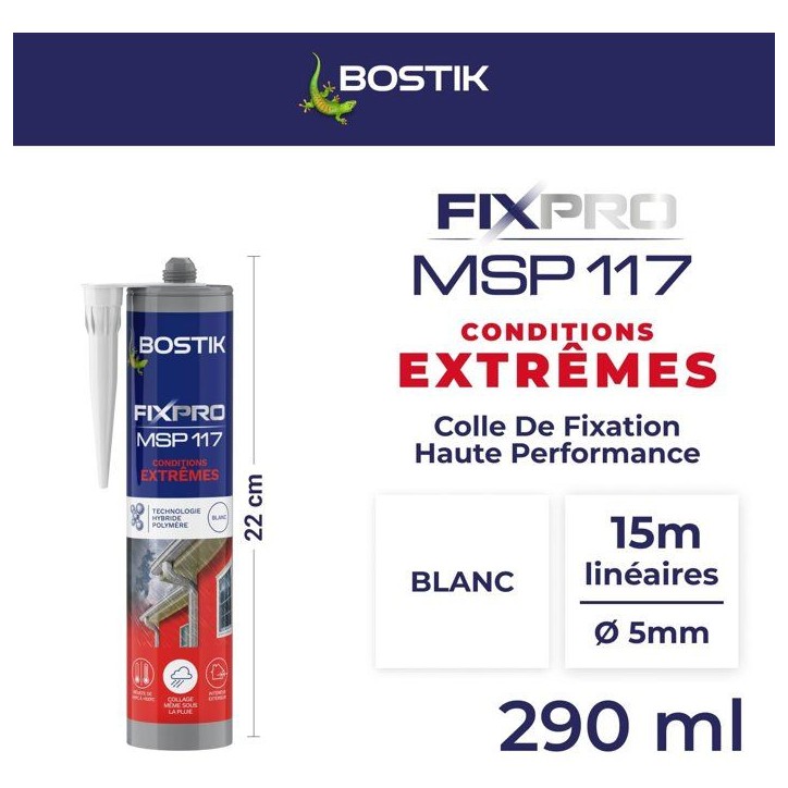 Mastic colle - BOSTIK - Fixpro MSP 117 - Conditions extremes - Intérieur/extérieur - Blanc - Cartouche 290 ml Mastic colle - BOSTIK - Fixpro MSP 117 - Conditions extremes - Intérieur/extérieur - Blanc - Cartouche 290 ml