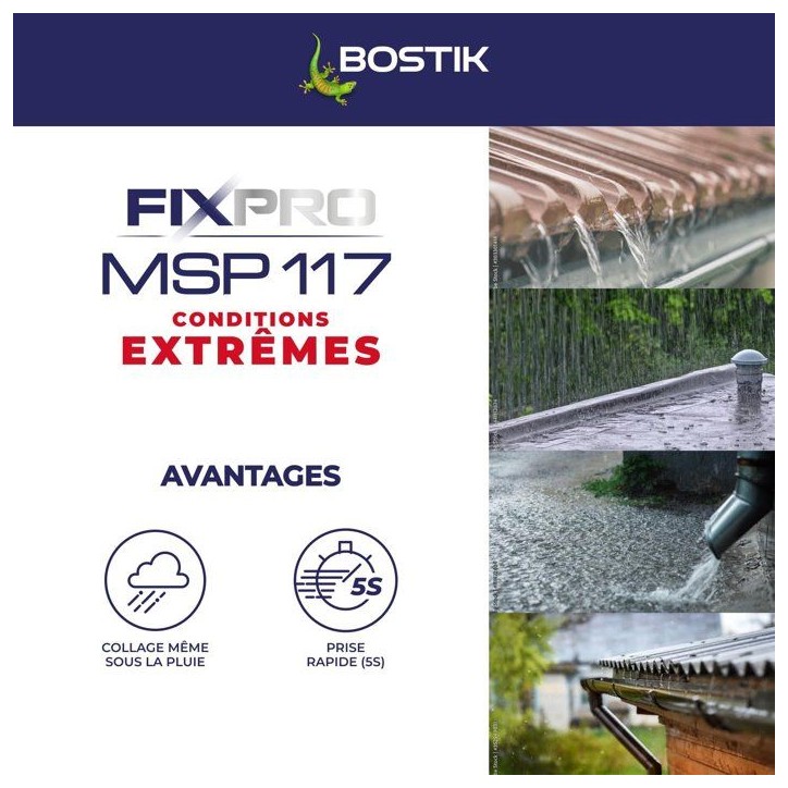 Mastic colle - BOSTIK - Fixpro MSP 117 - Conditions extremes - Intérieur/extérieur - Blanc - Cartouche 290 ml Mastic colle - BOSTIK - Fixpro MSP 117 - Conditions extremes - Intérieur/extérieur - Blanc - Cartouche 290 ml