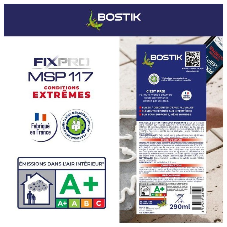 Mastic colle - BOSTIK - Fixpro MSP 117 - Conditions extremes - Intérieur/extérieur - Blanc - Cartouche 290 ml Mastic colle - BOSTIK - Fixpro MSP 117 - Conditions extremes - Intérieur/extérieur - Blanc - Cartouche 290 ml