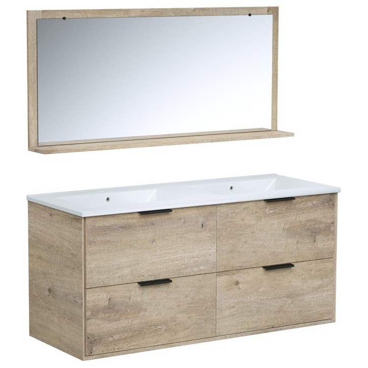 Ensemble salle de bain - Meuble 4 tiroirs - Vasque - L120 x P45 x H55 cm - Miroir - BEVEL