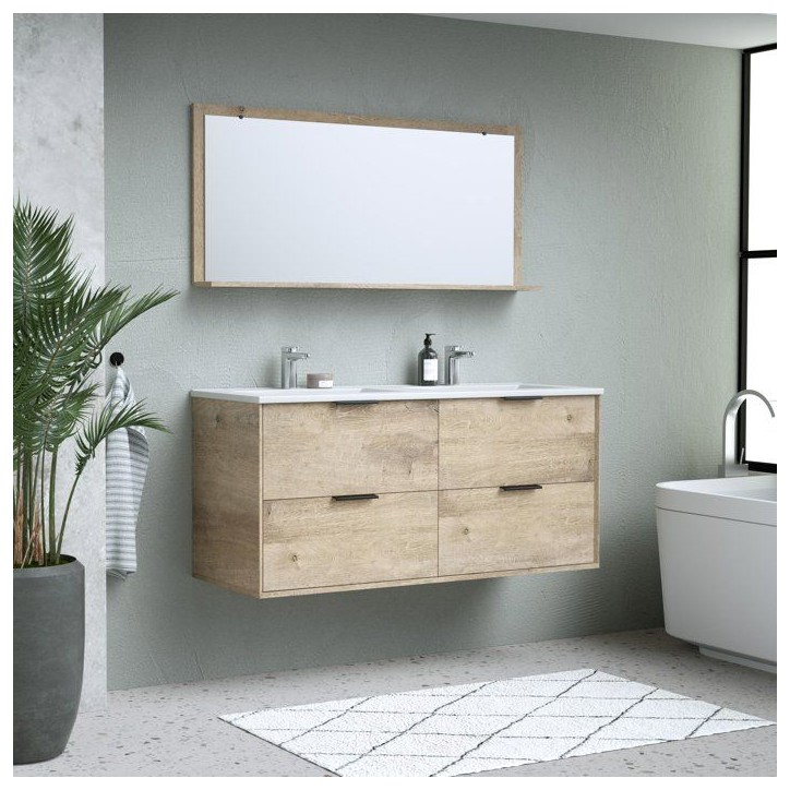 Ensemble salle de bain - Meuble 4 tiroirs - Vasque - L120 x P45 x H55 cm - Miroir - BEVEL