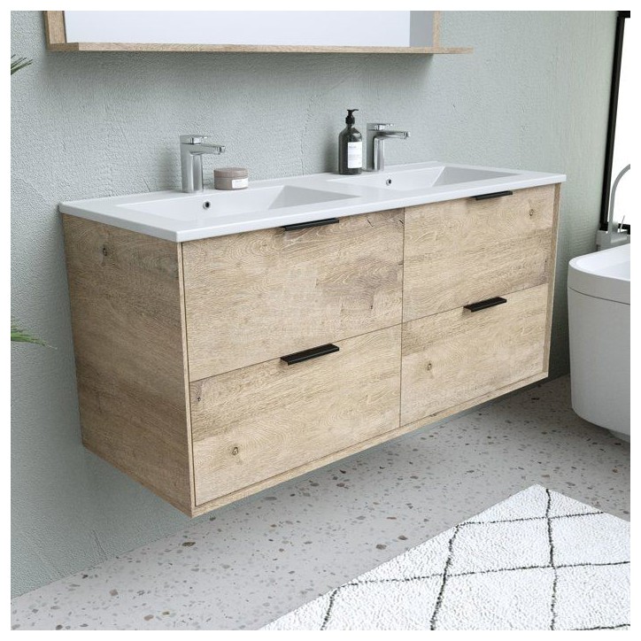 Ensemble salle de bain - Meuble 4 tiroirs - Vasque - L120 x P45 x H55 cm - Miroir - BEVEL