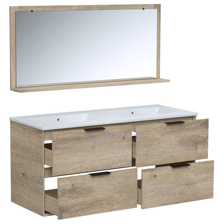 Ensemble salle de bain - Meuble 4 tiroirs - Vasque - L120 x P45 x H55 cm - Miroir - BEVEL