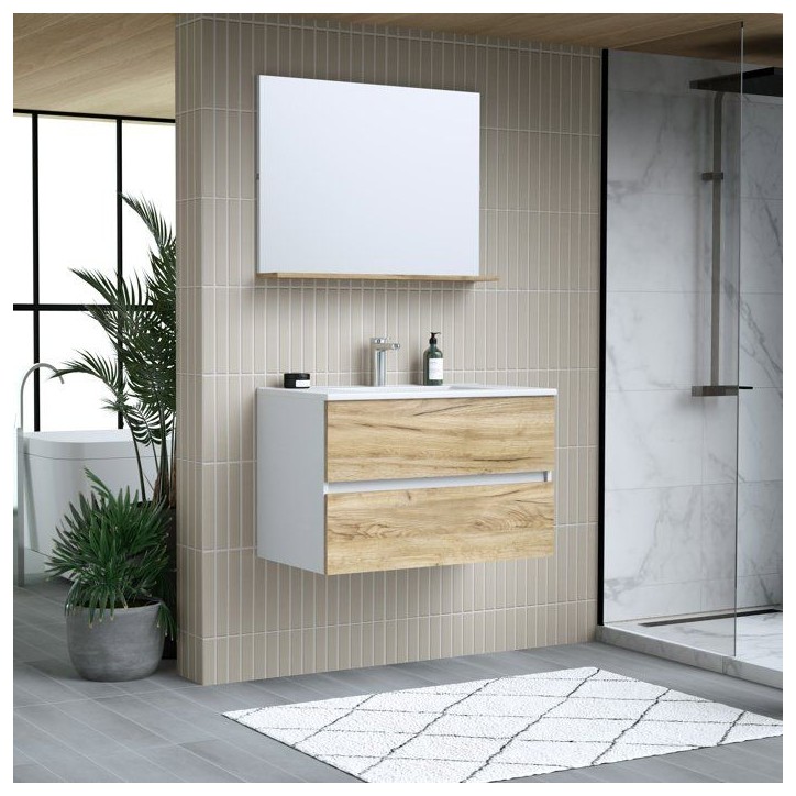 Ensemble meuble de salle de bain - Vasque - Bois - L80 x P45 x H50 cm - Miroir - MONZA Ensemble meuble de salle de bain - Vasque - Bois - L80 x P45 x H50 cm - Miroir - MONZA