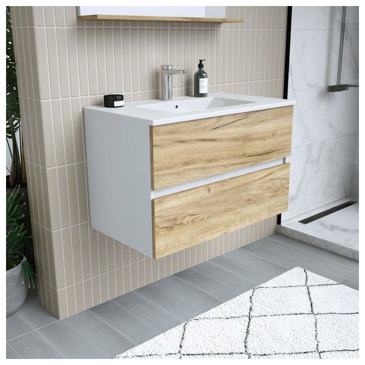 Ensemble meuble de salle de bain - Vasque - Bois - L80 x P45 x H50 cm - Miroir - MONZA Ensemble meuble de salle de bain - Vasque - Bois - L80 x P45 x H50 cm - Miroir - MONZA