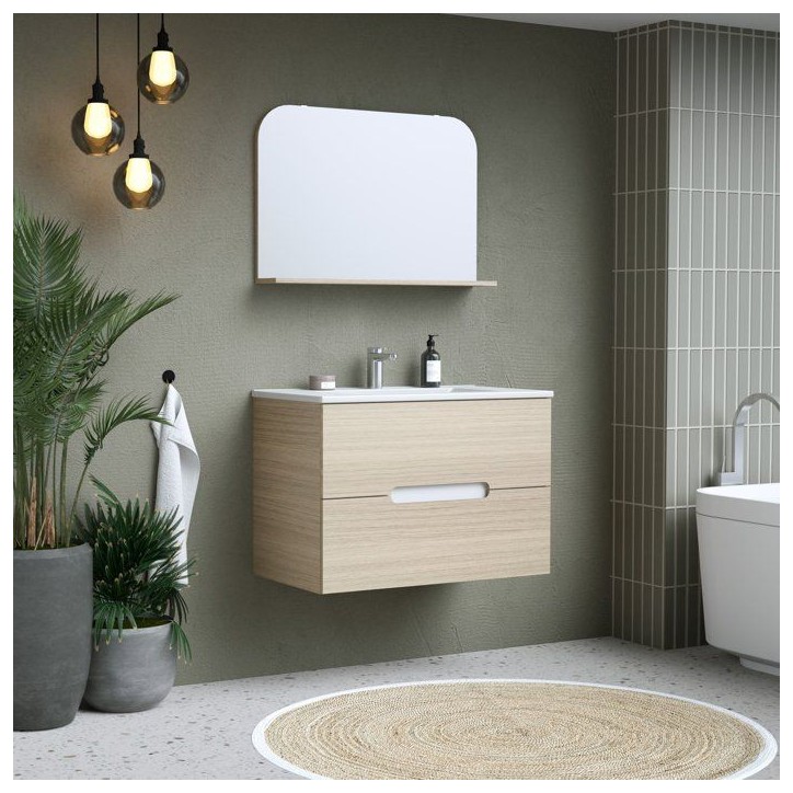 Ensemble meuble de salle de bain - Vasque - Bois - L80 x P45 x H55 cm - Miroir - PILL Ensemble meuble de salle de bain - Vasque - Bois - L80 x P45 x H55 cm - Miroir - PILL