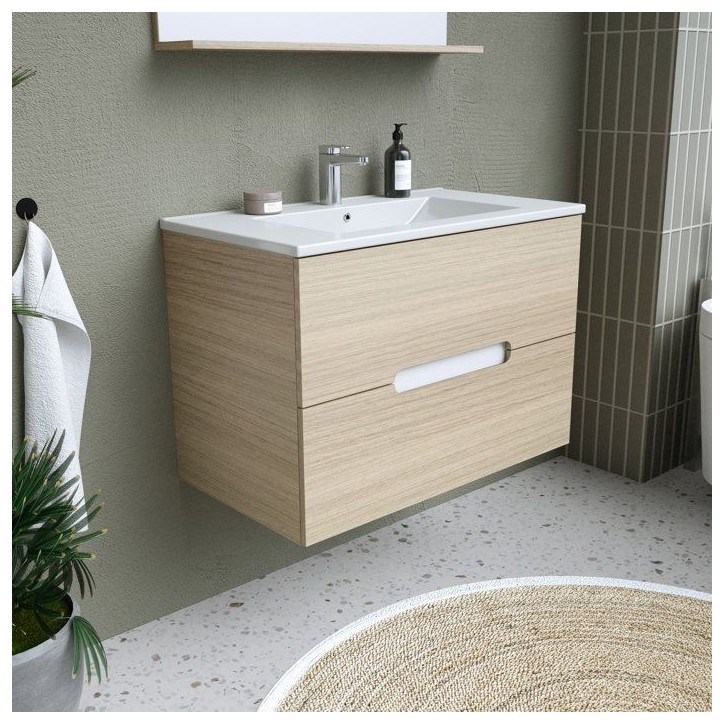 Ensemble meuble de salle de bain - Vasque - Bois - L80 x P45 x H55 cm - Miroir - PILL Ensemble meuble de salle de bain - Vasque - Bois - L80 x P45 x H55 cm - Miroir - PILL