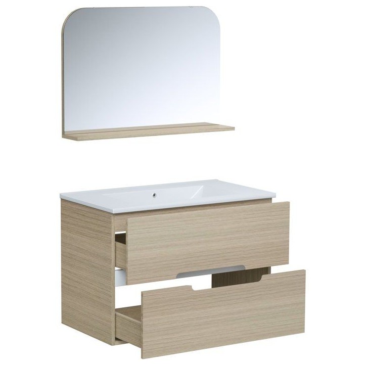 Ensemble meuble de salle de bain - Vasque - Bois - L80 x P45 x H55 cm - Miroir - PILL Ensemble meuble de salle de bain - Vasque - Bois - L80 x P45 x H55 cm - Miroir - PILL