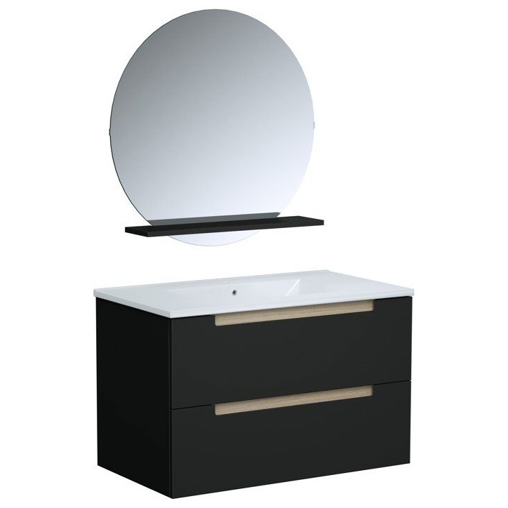 Ensemble meuble de salle de bain - Vasque - Noir mat - L80 x P45 x H50 cm - Miroir - PRIZO Ensemble meuble de salle de bain - Vasque - Noir mat - L80 x P45 x H50 cm - Miroir - PRIZO