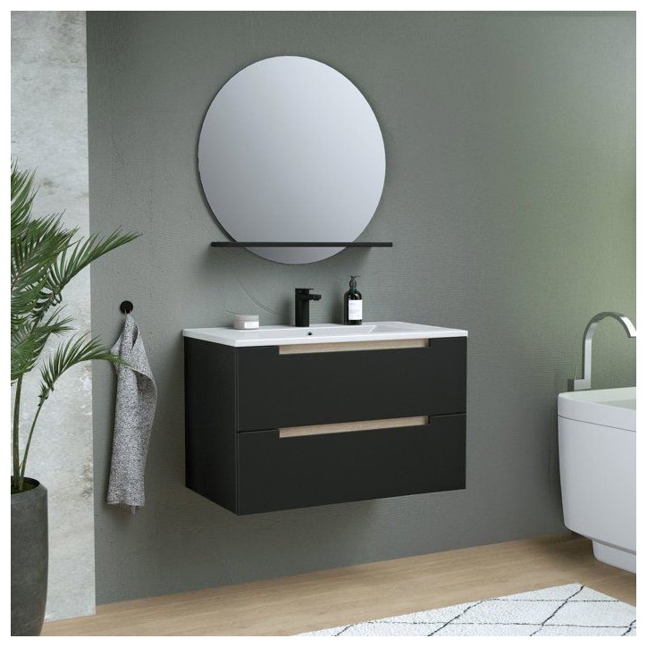 Ensemble meuble de salle de bain - Vasque - Noir mat - L80 x P45 x H50 cm - Miroir - PRIZO Ensemble meuble de salle de bain - Vasque - Noir mat - L80 x P45 x H50 cm - Miroir - PRIZO