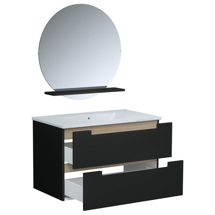 Ensemble meuble de salle de bain - Vasque - Noir mat - L80 x P45 x H50 cm - Miroir - PRIZO Ensemble meuble de salle de bain - Vasque - Noir mat - L80 x P45 x H50 cm - Miroir - PRIZO