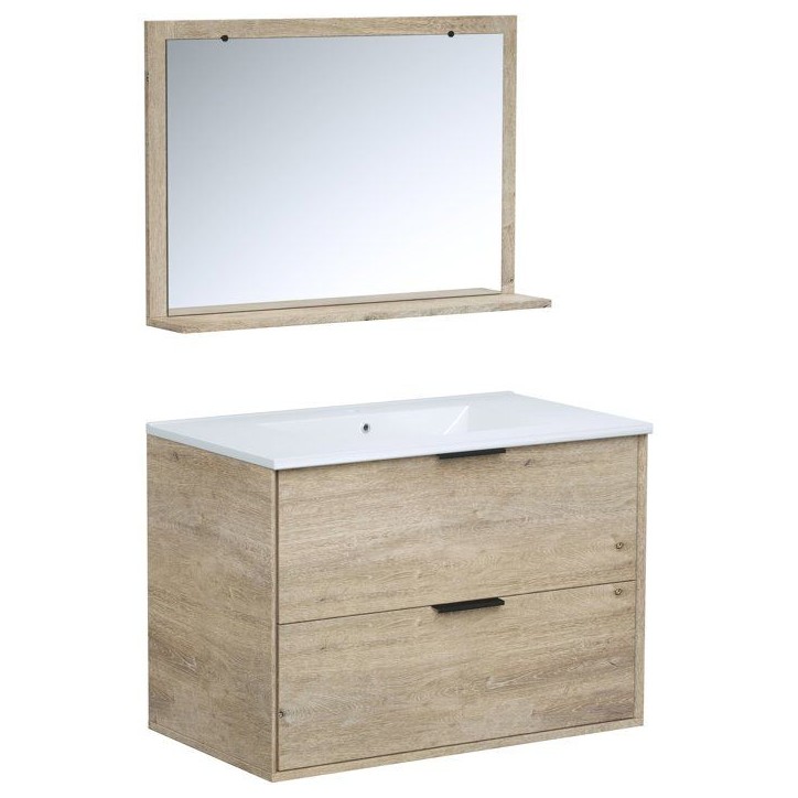 Ensemble salle de bain - Meuble 2 tiroirs - Vasque - L180 x P45 x H55 cm - Miroir - BEVEL Ensemble salle de bain - Meuble 2 tiroirs - Vasque - L180 x P45 x H55 cm - Miroir - BEVEL