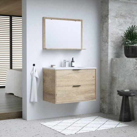 Ensemble salle de bain - Meuble 2 tiroirs - Vasque - L180 x P45 x H55 cm - Miroir - BEVEL