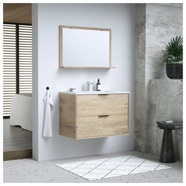 Ensemble salle de bain - Meuble 2 tiroirs - Vasque - L180 x P45 x H55 cm - Miroir - BEVEL Ensemble salle de bain - Meuble 2 tiroirs - Vasque - L180 x P45 x H55 cm - Miroir - BEVEL