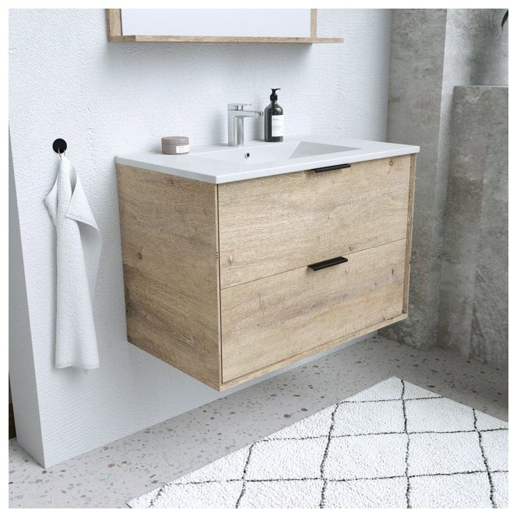 Ensemble salle de bain - Meuble 2 tiroirs - Vasque - L180 x P45 x H55 cm - Miroir - BEVEL Ensemble salle de bain - Meuble 2 tiroirs - Vasque - L180 x P45 x H55 cm - Miroir - BEVEL