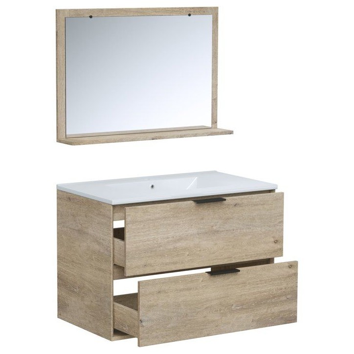 Ensemble salle de bain - Meuble 2 tiroirs - Vasque - L180 x P45 x H55 cm - Miroir - BEVEL Ensemble salle de bain - Meuble 2 tiroirs - Vasque - L180 x P45 x H55 cm - Miroir - BEVEL
