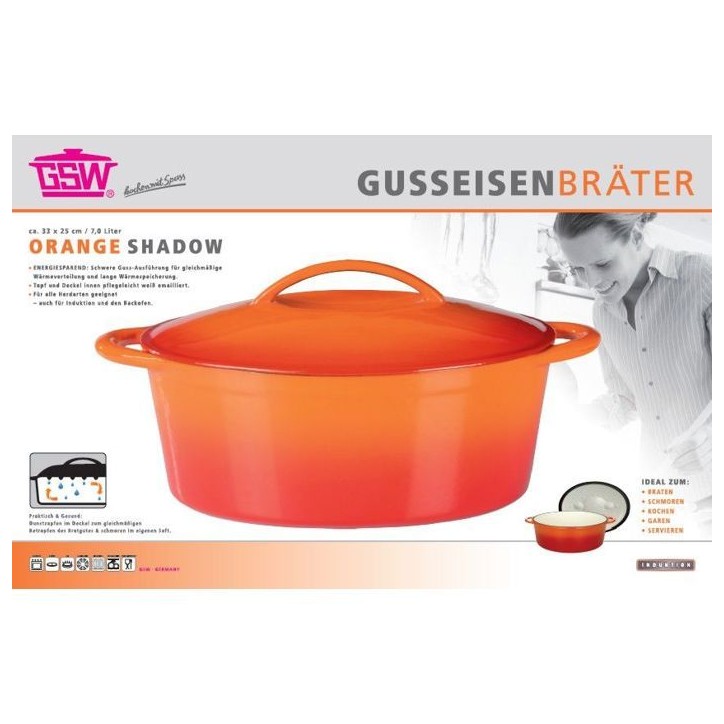 Cocotte en fonte massve - GSW - 33 x 25 cm- Orange - Ovale - Induction Cocotte en fonte massve - GSW - 33 x 25 cm- Orange - Ovale - Induction