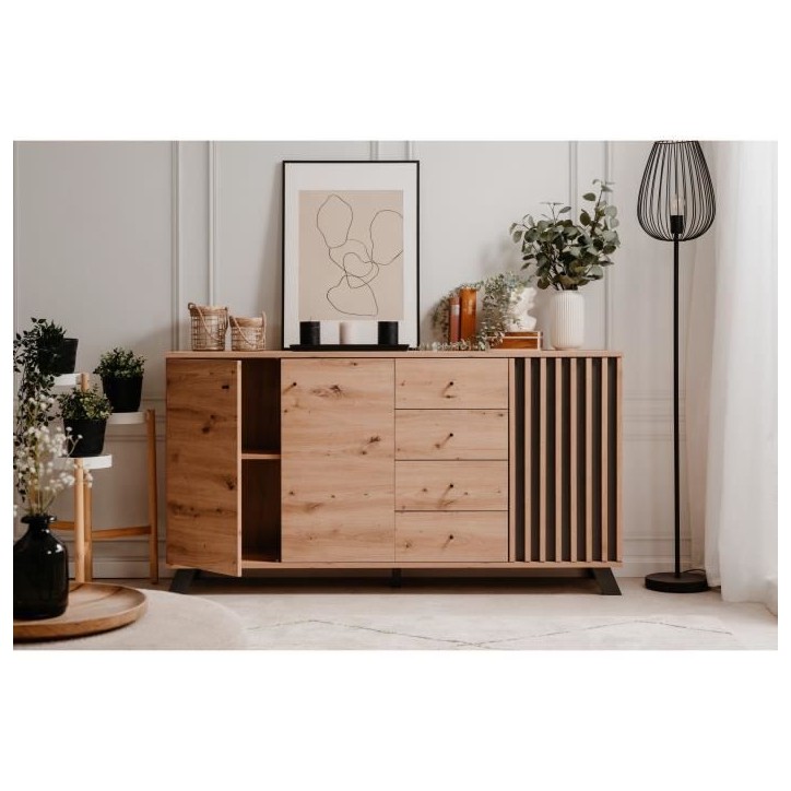 Buffet salle a manger MEDAN - Décor chene artisan et anthracite - 3 portes + 4 tiroirs - L160 x H85 x P40 cm Buffet salle a manger MEDAN - Décor chene artisan et anthracite - 3 portes + 4 tiroirs - L160 x H85 x P40 cm