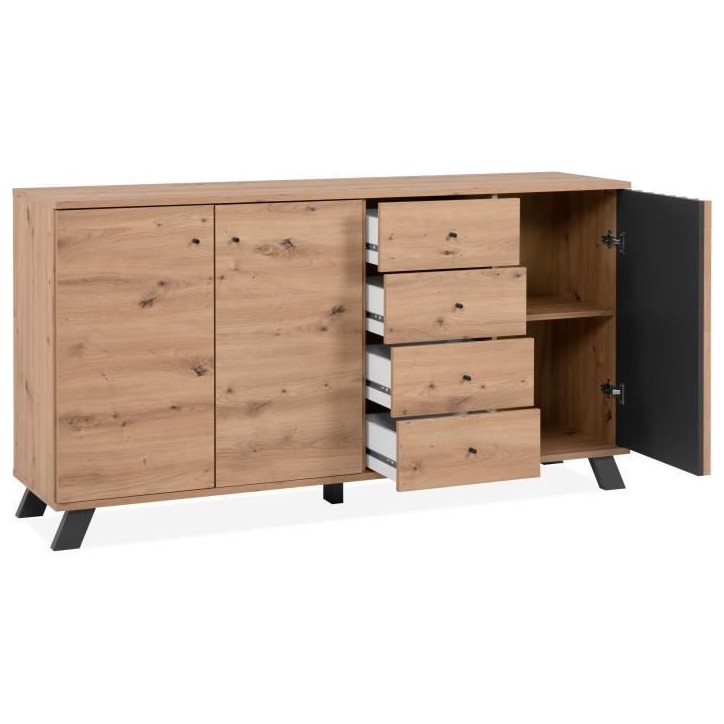 Buffet salle a manger MEDAN - Décor chene artisan et anthracite - 3 portes + 4 tiroirs - L160 x H85 x P40 cm Buffet salle a manger MEDAN - Décor chene artisan et anthracite - 3 portes + 4 tiroirs - L160 x H85 x P40 cm