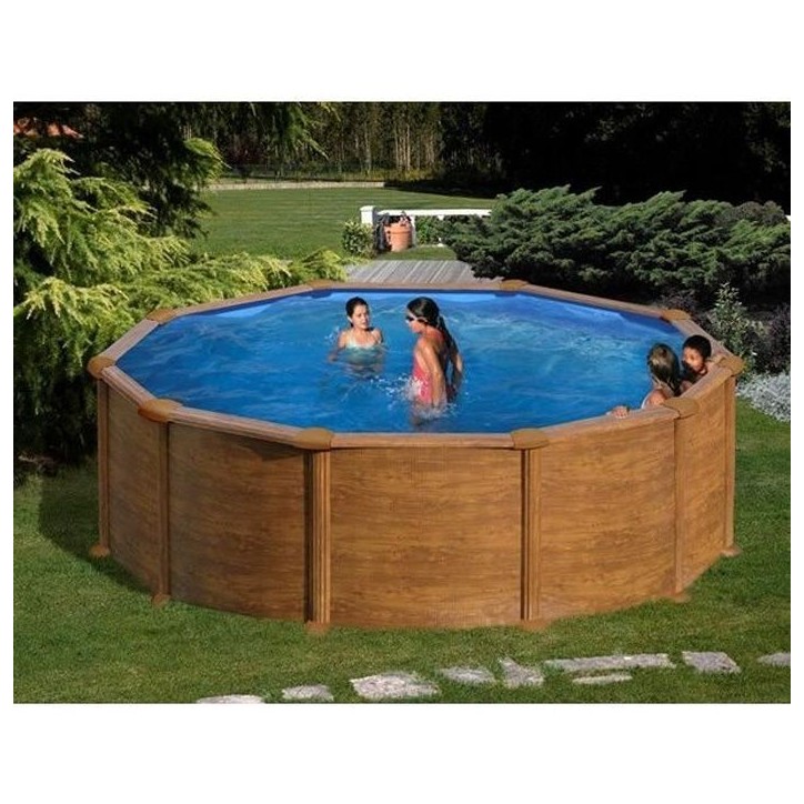 GRE - Kit Piscine hors sol acier ronde imitation bois - Ø480 x H132 cm (Livrée avec filtre a sable + échelle) GRE - Kit Piscine hors sol acier ronde imitation bois - Ø480 x H132 cm (Livrée avec filtre a sable + échelle)