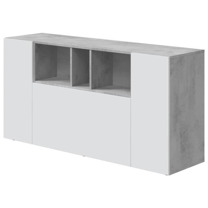 Buffet LOIRA - Mélaminé - Blanc artik et ciment - 3 portes + 3 niches de rangement - L 150 x P 41 x H 76 cm