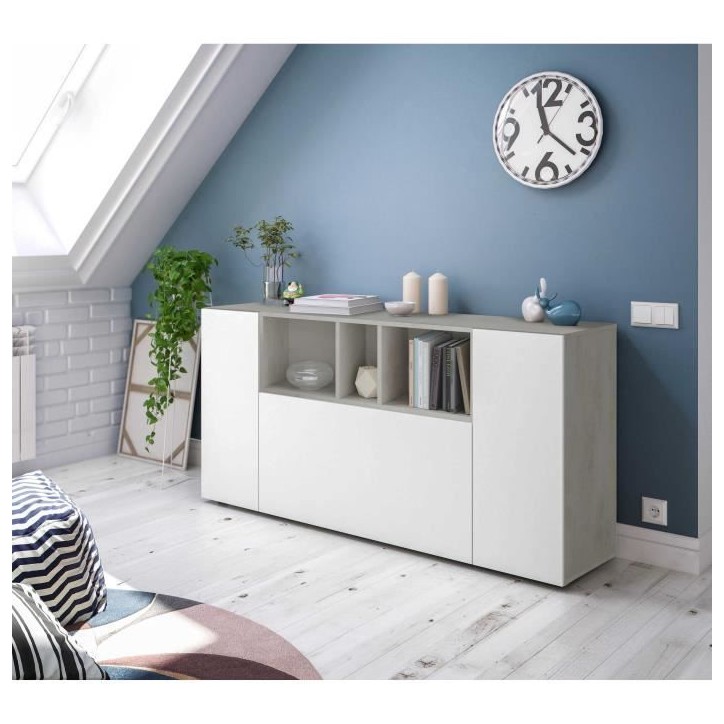 Buffet LOIRA - Mélaminé - Blanc artik et ciment - 3 portes + 3 niches de rangement - L 150 x P 41 x H 76 cm