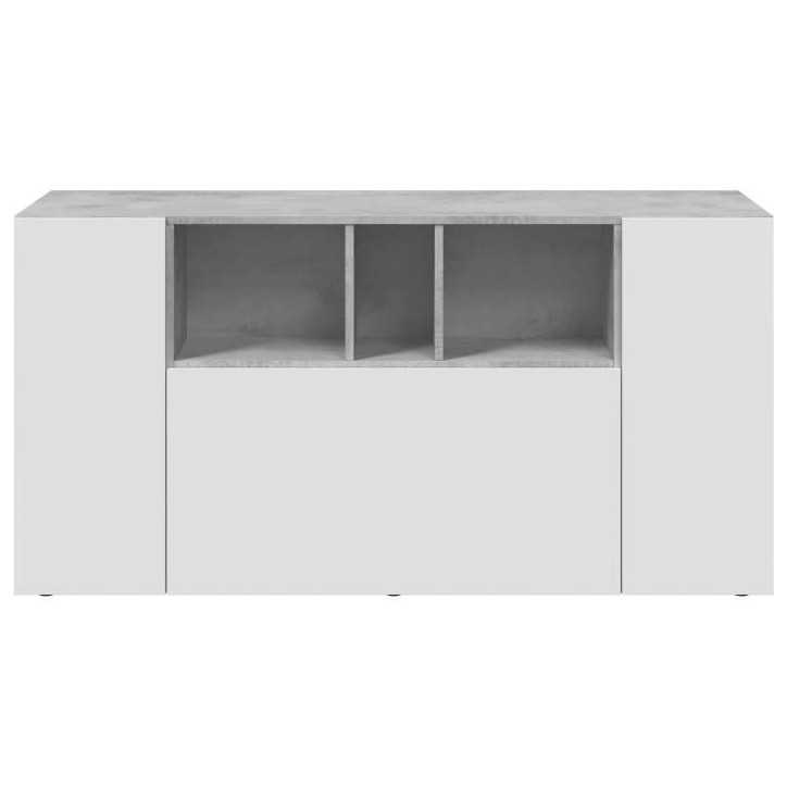 Buffet LOIRA - Mélaminé - Blanc artik et ciment - 3 portes + 3 niches de rangement - L 150 x P 41 x H 76 cm