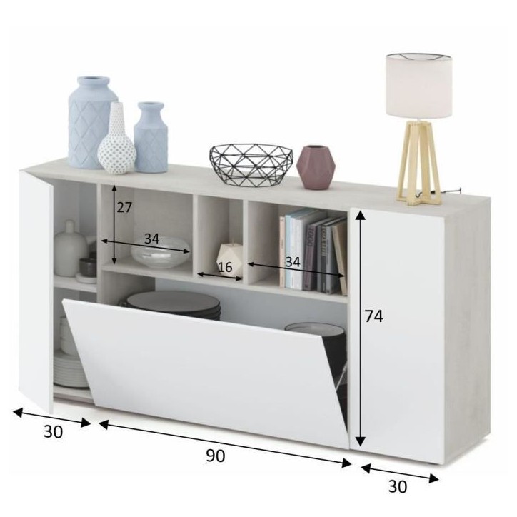 Buffet LOIRA - Mélaminé - Blanc artik et ciment - 3 portes + 3 niches de rangement - L 150 x P 41 x H 76 cm