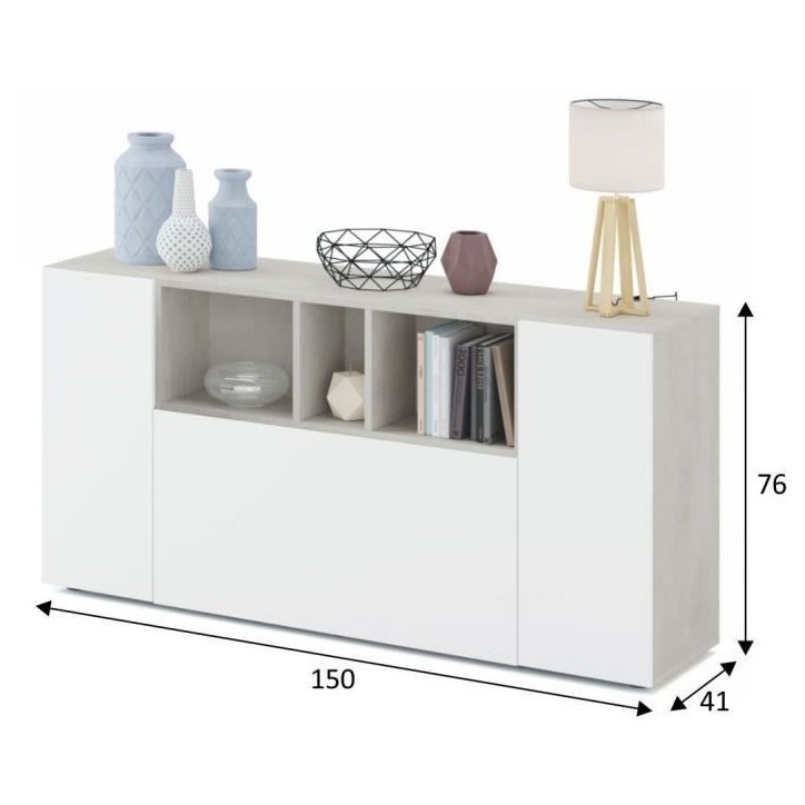 Buffet LOIRA - Mélaminé - Blanc artik et ciment - 3 portes + 3 niches de rangement - L 150 x P 41 x H 76 cm