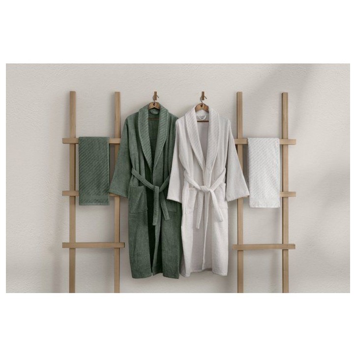 Ensemble de 2 peignoirs et 2 serviettes - Pour toute la famille - 50 x 90 cm - Vert Blanc