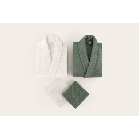 Ensemble de 2 peignoirs et 2 serviettes - Pour toute la famille - 50 x 90 cm - Vert Blanc