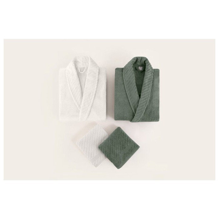 Ensemble de 2 peignoirs et 2 serviettes - Pour toute la famille - 50 x 90 cm - Vert Blanc