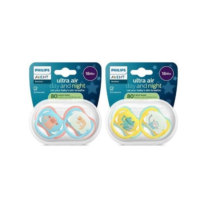 Lot de 4 sucettes Pacifier ultra air - PHILIPS AVENT - SCF087/27 - Jour et nuit - Sans BPA - 18 mois et + - Vert / Orange