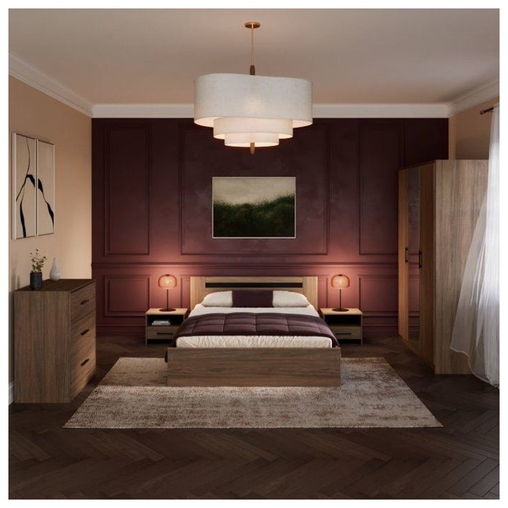 Chambre complete adulte - AZUKA - OrmeTorréfié - Lit 140 x 190 cm - 2 chevets - 1 commode - 1 armoire - PARISOT