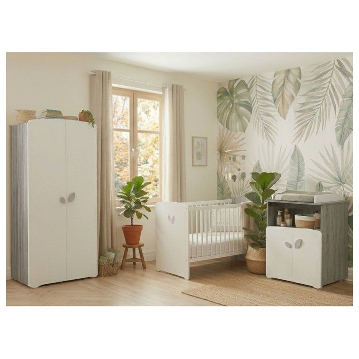 Chambre bébé trio Leaf: lit 120x60, commode a langer et armoire - Babyprice - Blanc Chambre bébé trio Leaf: lit 120x60, commode a langer et armoire - Babyprice - Blanc