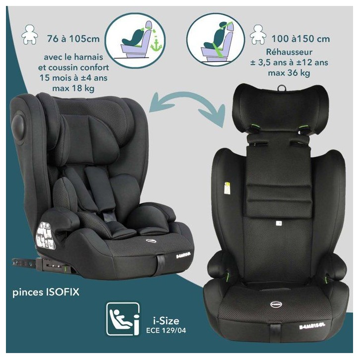 Siege auto évolutif - BAMBISOL - AY575N - Groupe 1/2/3 - I-Size - Isofix - Réducteur - Noir Siege auto évolutif - BAMBISOL - AY575N - Groupe 1/2/3 - I-Size - Isofix - Réducteur - Noir