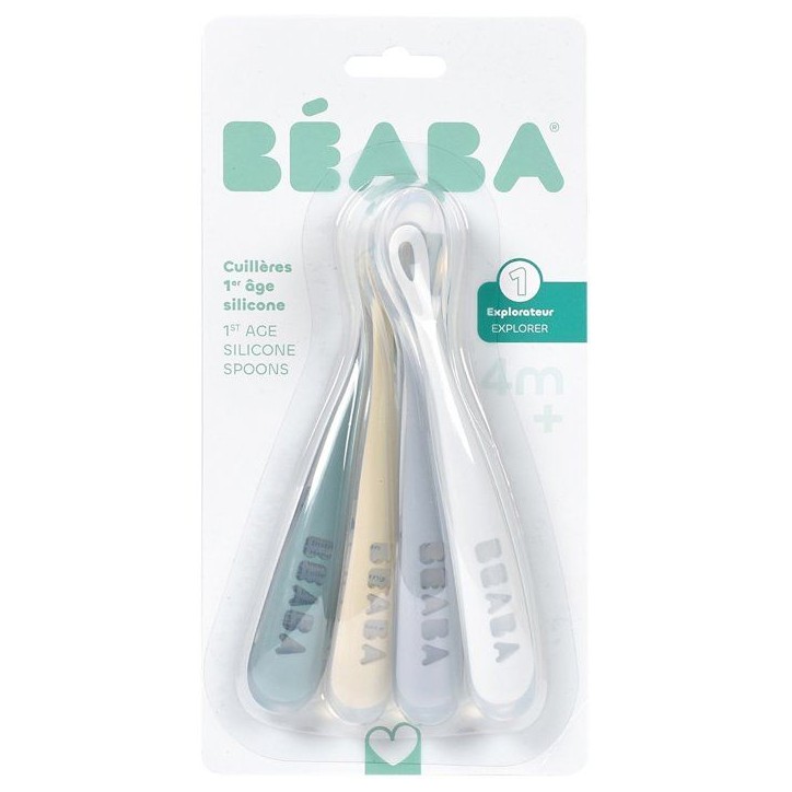Lot de 4 cuilleres - BEABA - 1er âge - En silicone - Set Galet / Bleu nuage / Bleu baltique / Argile Lot de 4 cuilleres - BEABA - 1er âge - En silicone - Set Galet / Bleu nuage / Bleu baltique / Argile