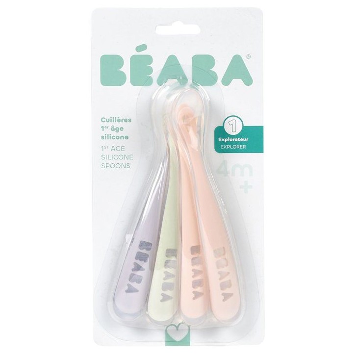 Lot de 4 cuilleres - BEABA - 1er âge - En silicone - Set Barbe a papa / Guimauve / Vert de gris / Lila