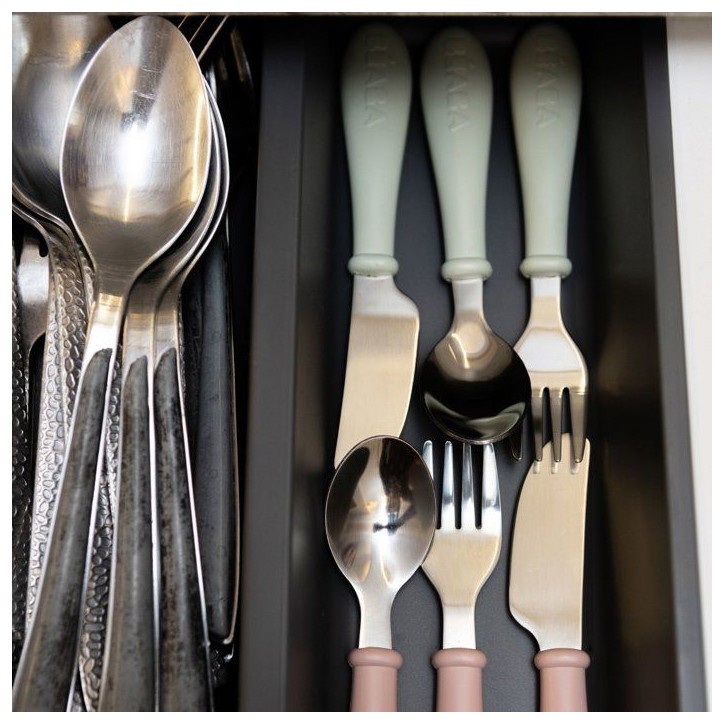 Set 3 couverts - BEABA - Inox - Vert de gris Set 3 couverts - BEABA - Inox - Vert de gris