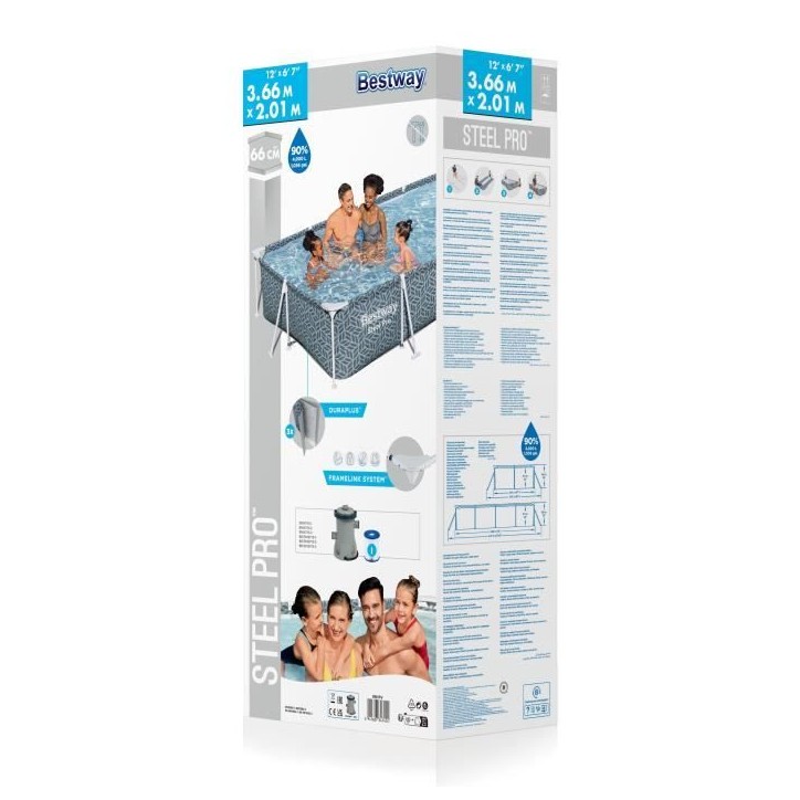 Kit Piscine hors sol tubulaire BESTWAY - Steel Pro™ - 366 x 201 x 66 cm - Rectangulaire (Inclus épurateur a Cartouche) Kit Piscine hors sol tubulaire BESTWAY - Steel Pro™ - 366 x 201 x 66 cm - Rectangulaire (Inclus épurateur a Cartouche)