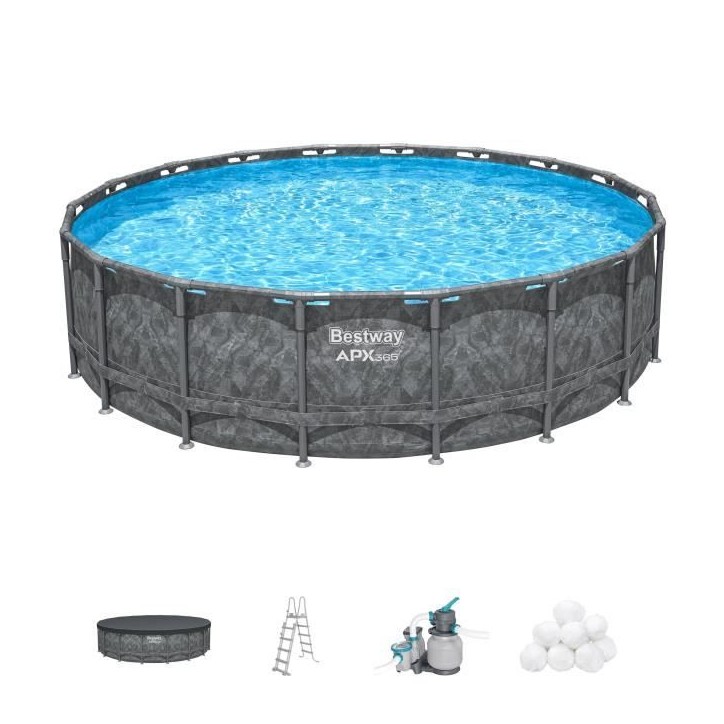 Kit Piscine hors sol tubulaire BESTWAY - APX 365™ - 549 x 132 cm - Ronde (Filtre a sable, 250 g polysphere, échelle, bâche) Kit Piscine hors sol tubulaire BESTWAY - APX 365™ - 549 x 132 cm - Ronde (Filtre a sable, 250 g polysphere, échelle, bâche)